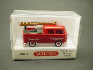 Roter VW T1 Doka Montagewagen als Wiking-Modellauto in Originalverpackung